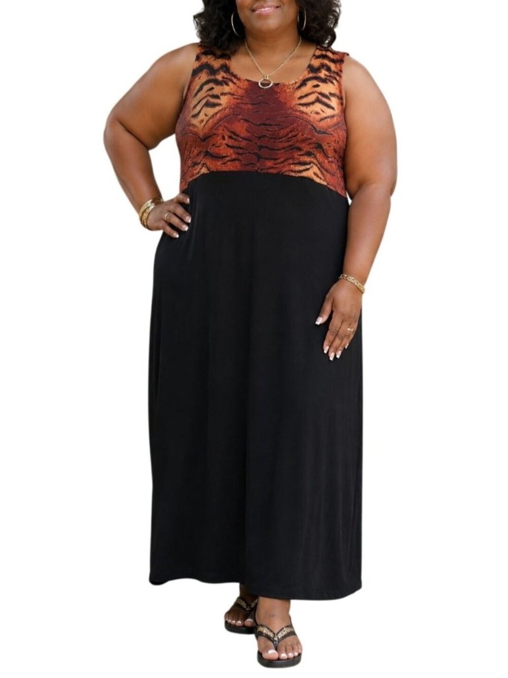 R&K Originals Size Large Maxi Dress Sleeveless Animal Print Panel Back Split